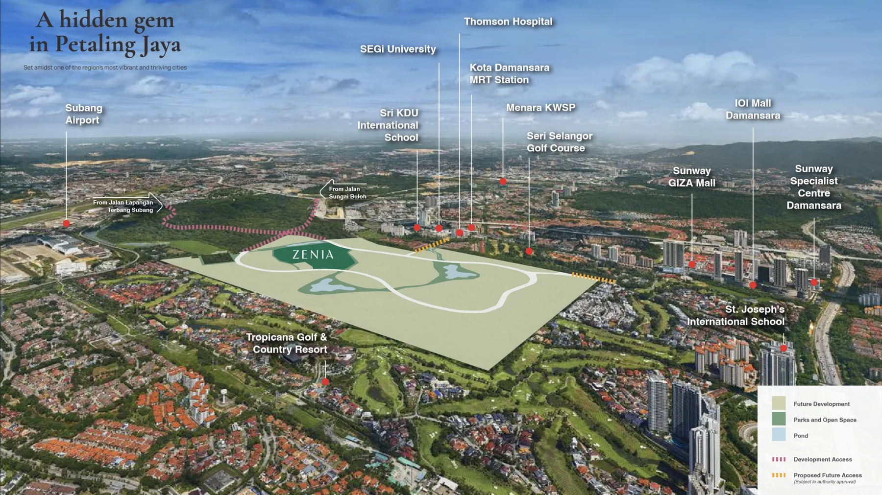 Aerial view of the Zenia site in ParkCity Damansara, Petaling Jaya, marking Subang Airport, Sri KDU International School, SEGi University, Thomson Hospital, Kota Damansara MRT, Menara KWSP, Seri Selangor Golf Club, Sunway GIZA Mall, IOI Mall Damansara, Sunway Specialist Centre Damansara, St. Joseph’s International School and Tropicana Golf & Country Resort, with development access and proposed future access subject to approval