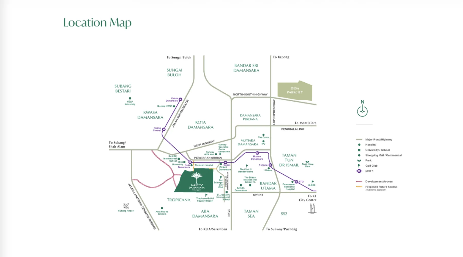 Location map of ParkCity Damansara, Petaling Jaya, showing Kota Damansara, Tropicana, Ara Damansara, Mutiara Damansara and Bandar Utama, the MRT Kajang Line stations at Kota Damansara, Surian and Mutiara Damansara, and the DASH, NKVE, LDP and Sprint highways