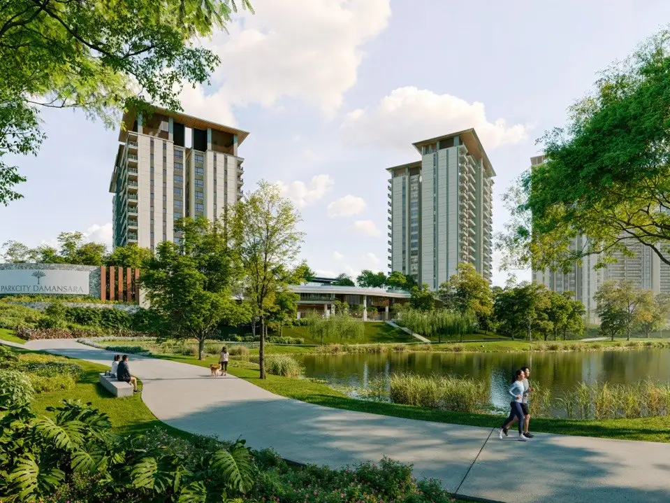 Artist’s impression of the pond walk at Zenia, ParkCity Damansara, with Condovilla blocks behind