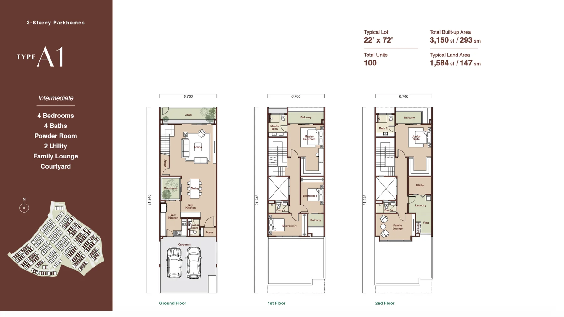 Zenia Parkhomes Type A1 floor plans, ground, first and second floor — intermediate, 4 bedrooms, 4 bathrooms, 3,150 sq.ft. built-up on a 22′ × 72′ lot
