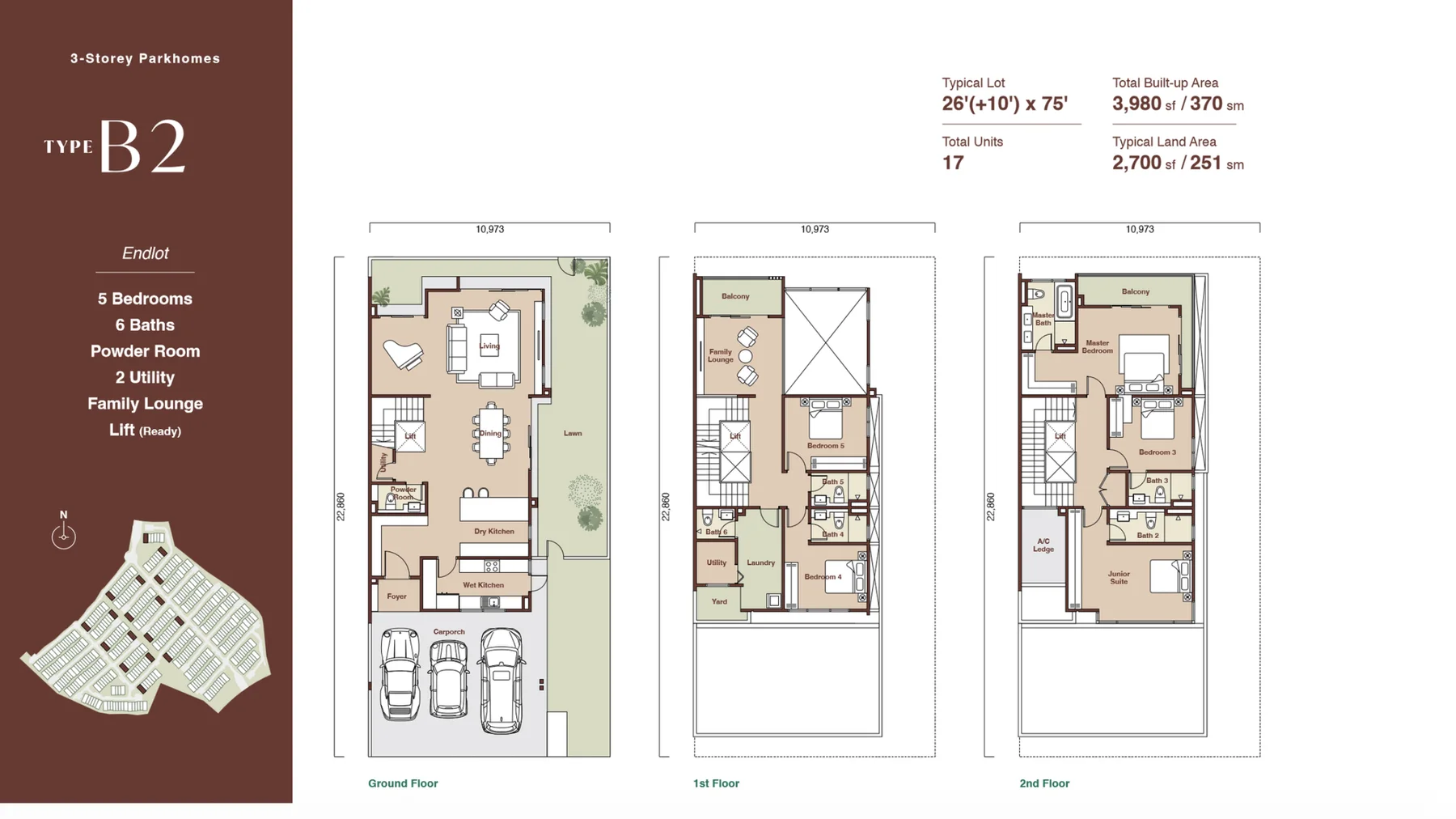 Zenia Parkhomes Type B2 floor plans, ground, first and second floor — end lot, 5 bedrooms, 6 bathrooms, 3,980 sq.ft. built-up on a 26′(+10′) × 75′ lot